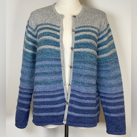 L.L.Bean Cardigan Cotton Blue Gray Ombré Textured Knit Women’s Size Large Petite - Picture 3 of 10